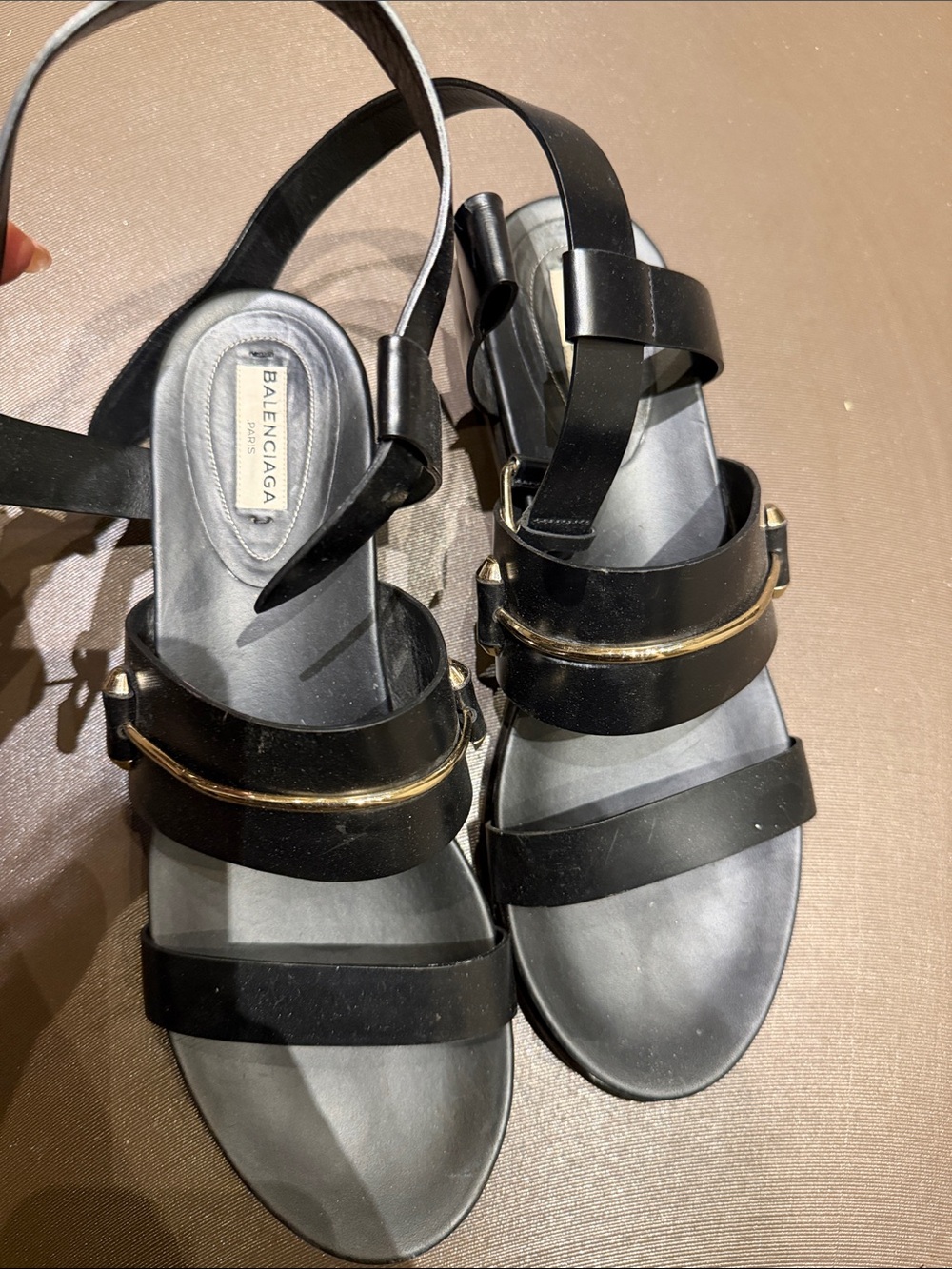 Balenciaga Black Leather Strappy Sandals with Gold Trim